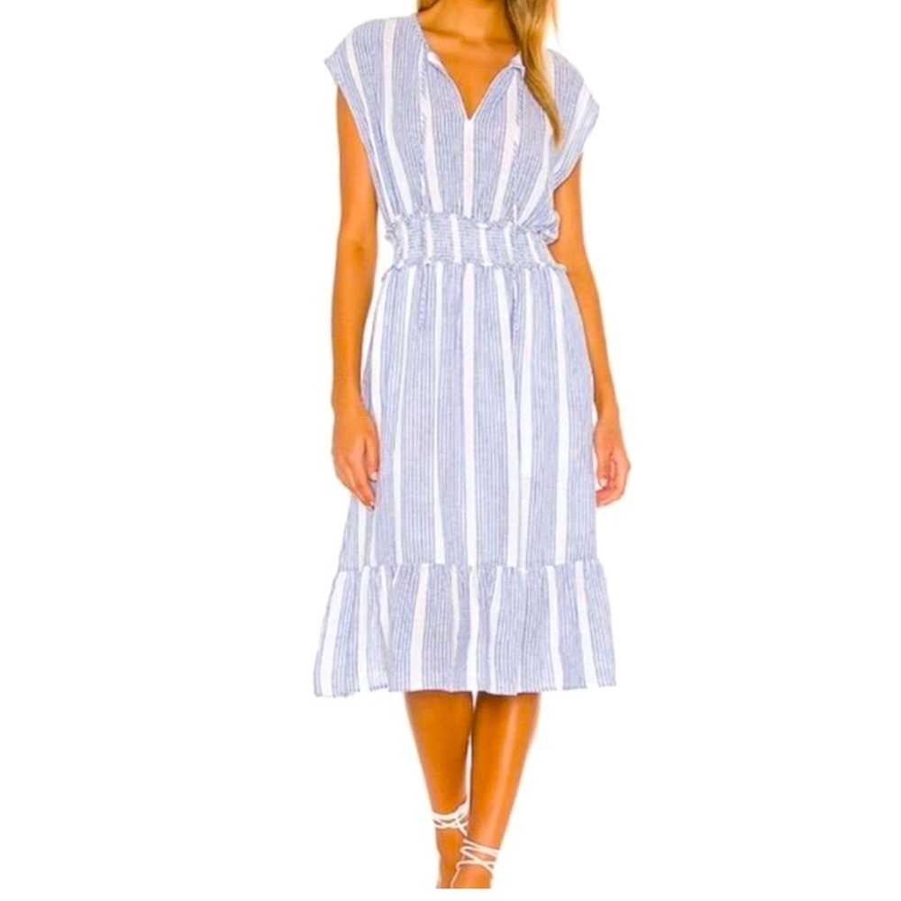 Revolve Rails Ashlyn Coastal Linen Blue White Striped Smocked Dress Womens Small